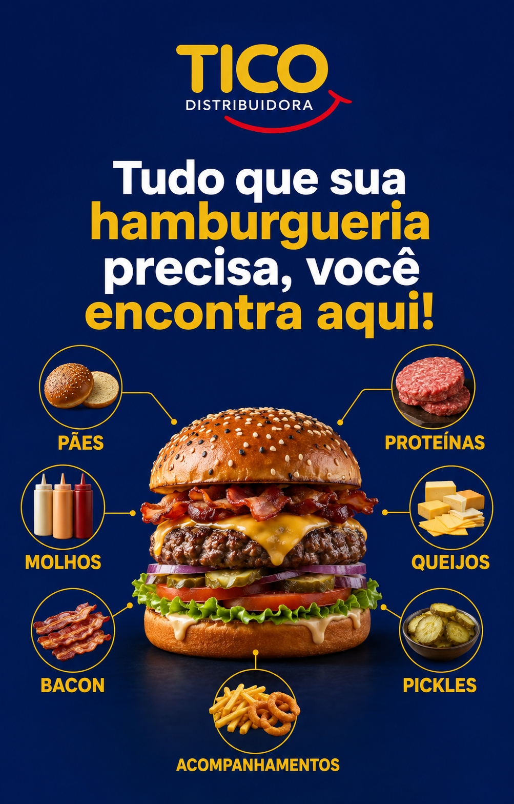 Tudo que sua hamburgueria precisa: pães, proteína, queijos, molhos, bacon, pickles e acompanhamentos — TICO Distribuidora